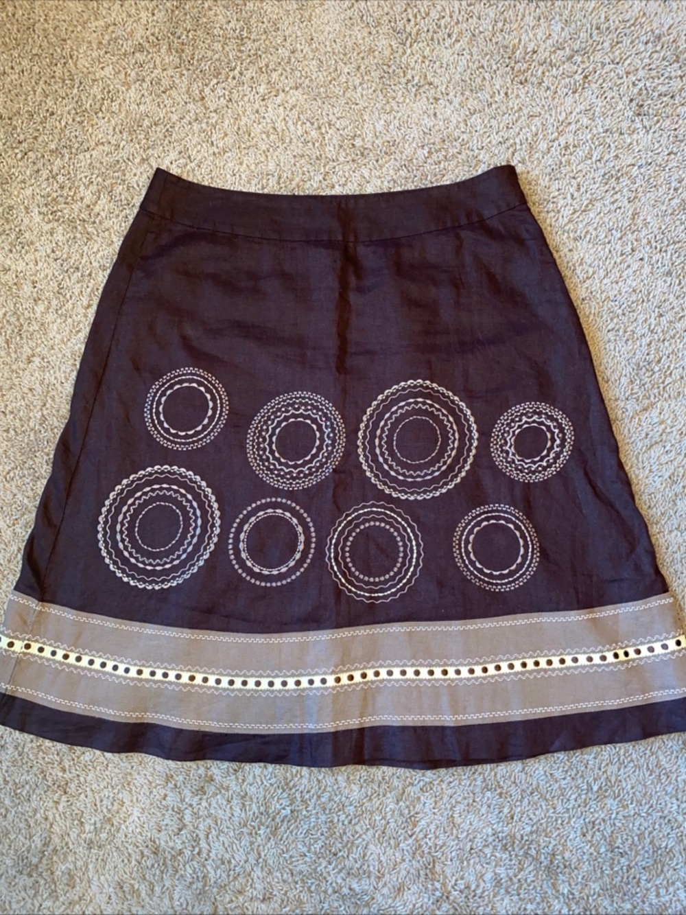 Talbots Linen Skirt Womens 12 Brown Embroidered Geometric Hippie Boho Career